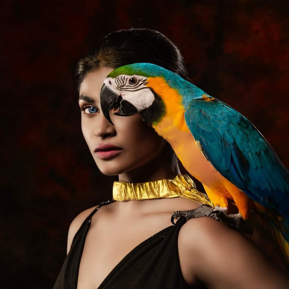 LADY WITH A MACAW by PARTHA BHATTACHARYYA — canvas wall art