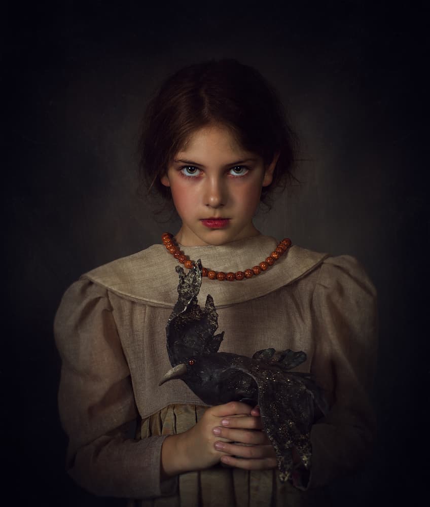 Solemn Girl and Raven by Svetlana Melik-Nubarova — canvas wall art