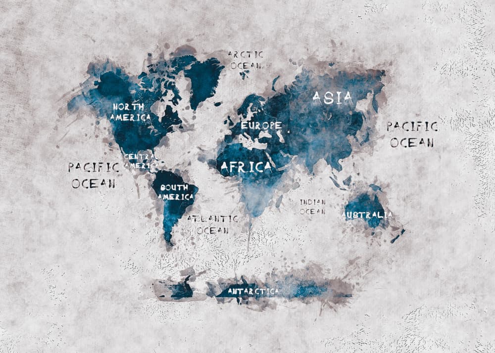 Blue Watercolor World Map by Justyna Jaszke — canvas wall art