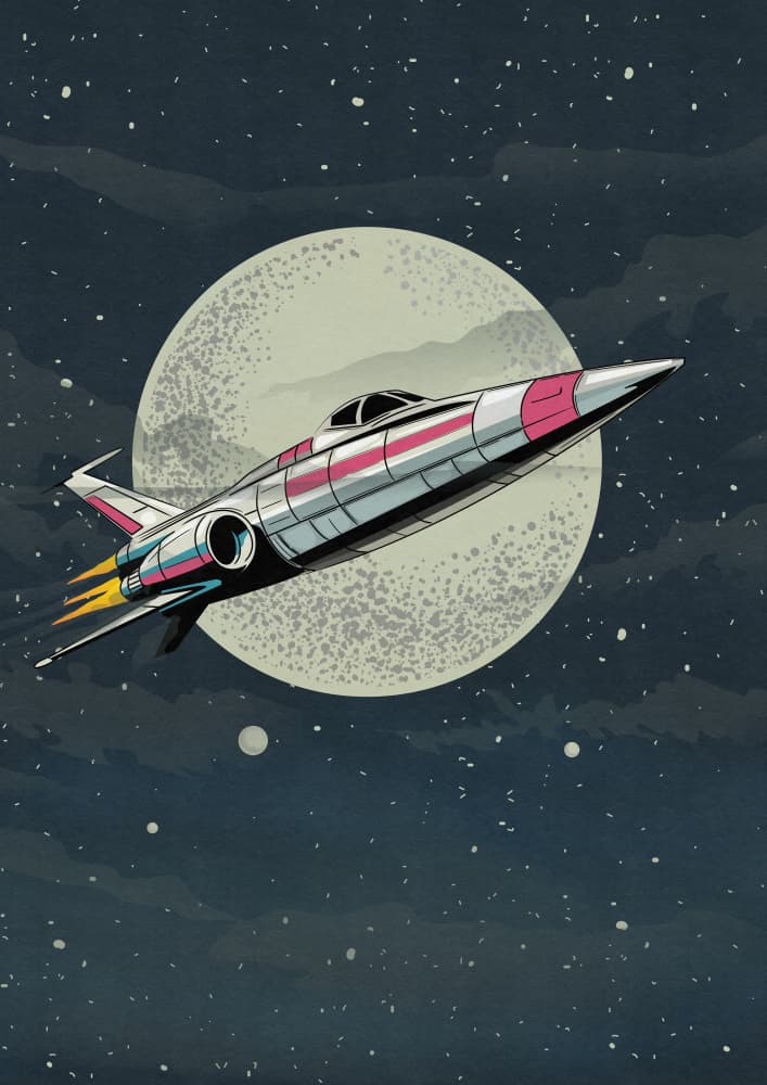 Retro Rocket Moon Flight by Nicholas — canvas wall art
