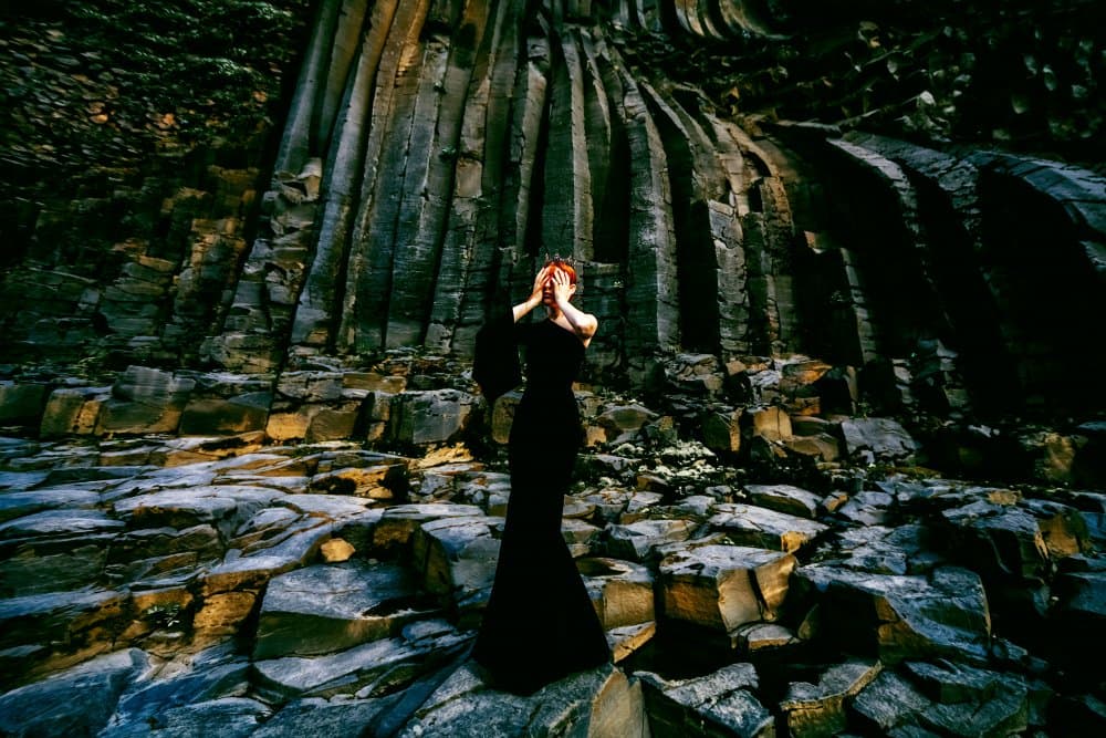 Mysterious Woman Basalt Columns by Ruslan Bolgov — canvas wall art