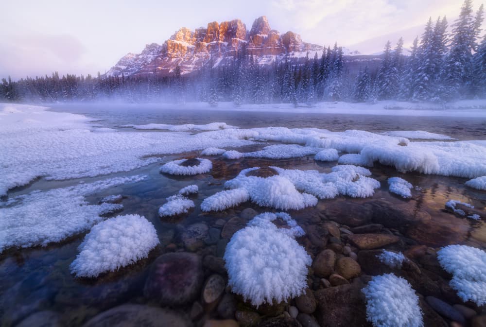 Icy River Mountain Sunrise by Jenny L. Zhang — canvas wall art