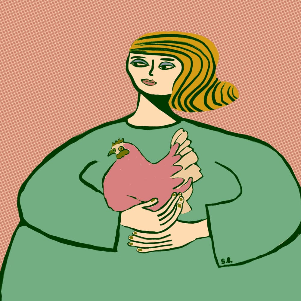 Woman Holding Chicken by Sharyn Bursic — canvas wall art