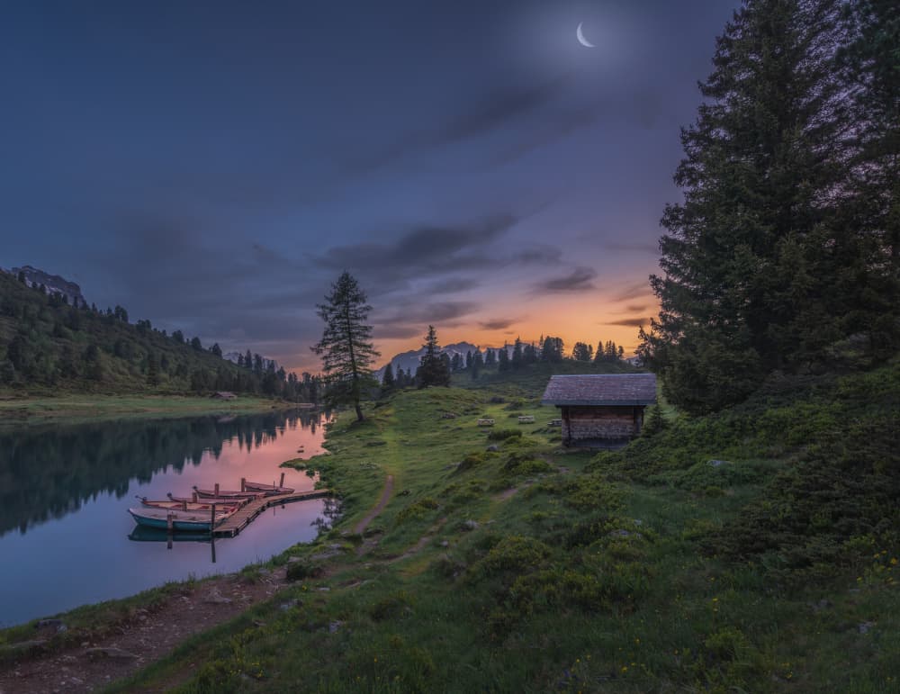 Alpine Lake Twilight Boats by Marko Klavs — canvas wall art