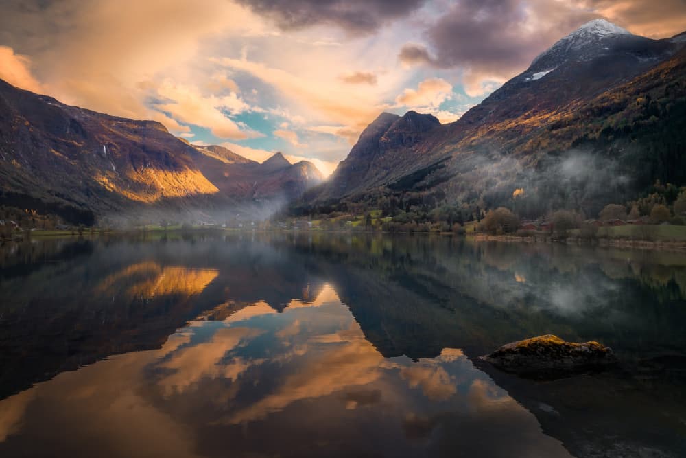Golden Mountain Lake Reflection by Ole Henrik Skjelstad — canvas wall art