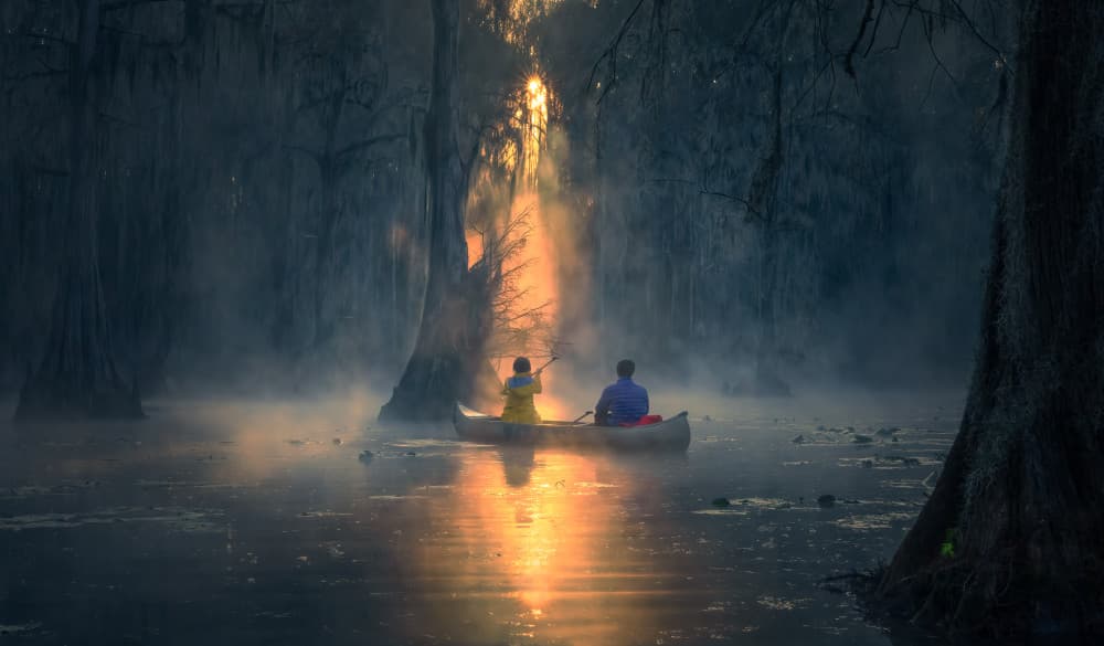 Golden Dawn Canoeing by Ruiqing P. — canvas wall art
