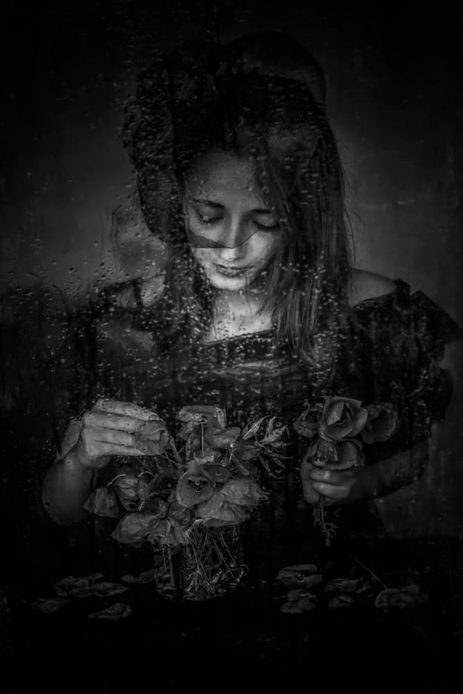 Sorrowful Woman Rain And Roses by Ummu Nisan Kandilcioglu — canvas wall art
