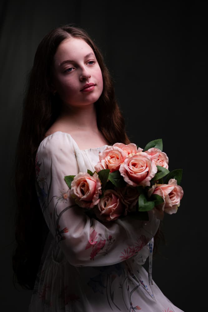 Young Woman Pink Roses by Gila Koller — canvas wall art
