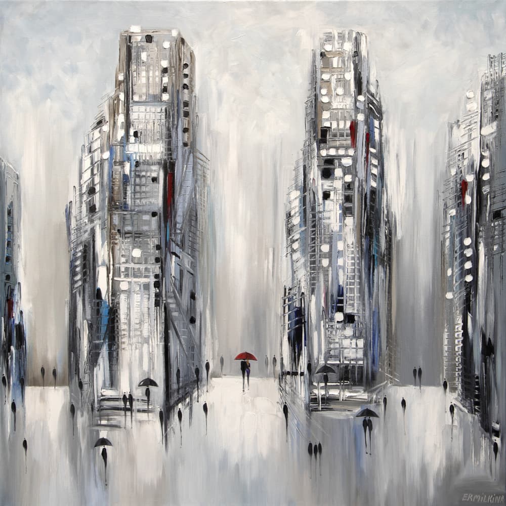 Red Umbrella City Walk by Ekaterina Ermilkina — canvas wall art