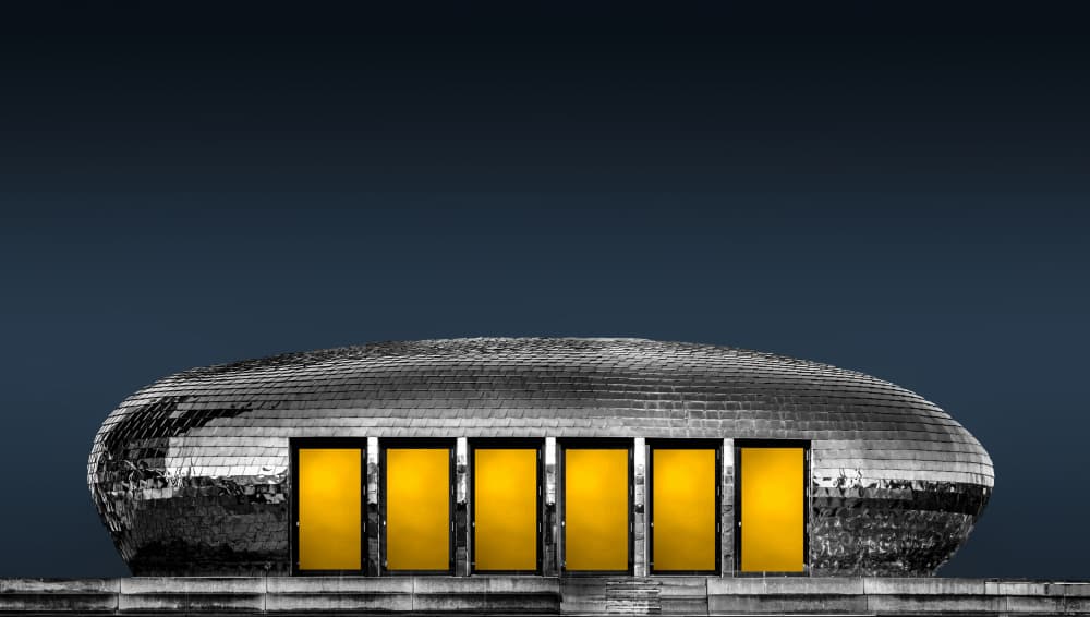 Modern Building Yellow Doors by Roland M Schwerdtfeger — canvas wall art