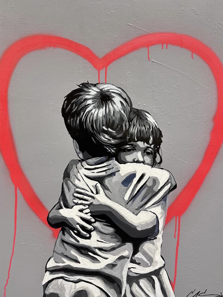 Kids Hugging Red Heart by Suzan Habib — canvas wall art