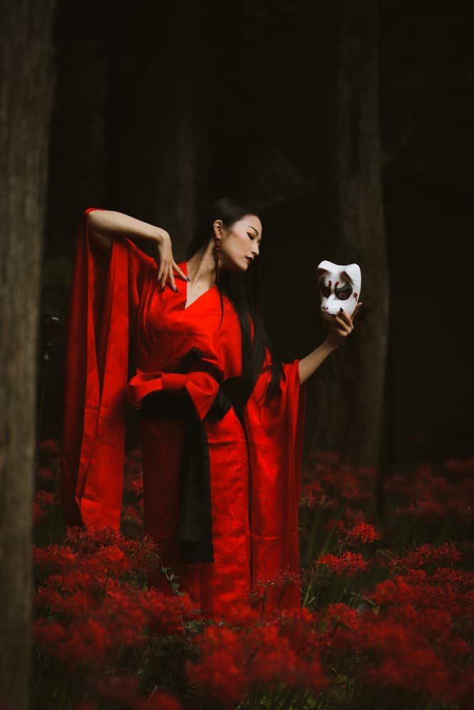 Red Kimono Fox Mask by boss — canvas wall art