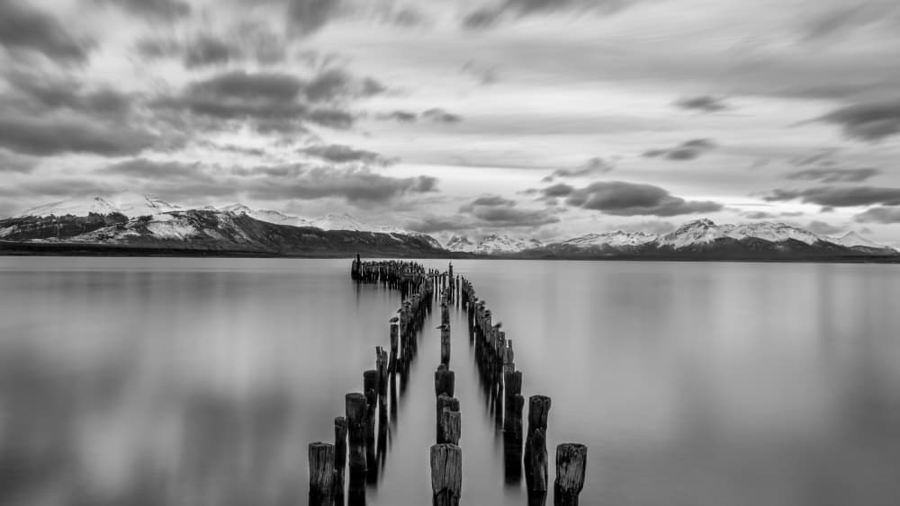 Still Lake Pier Mountains by April Xie — canvas wall art