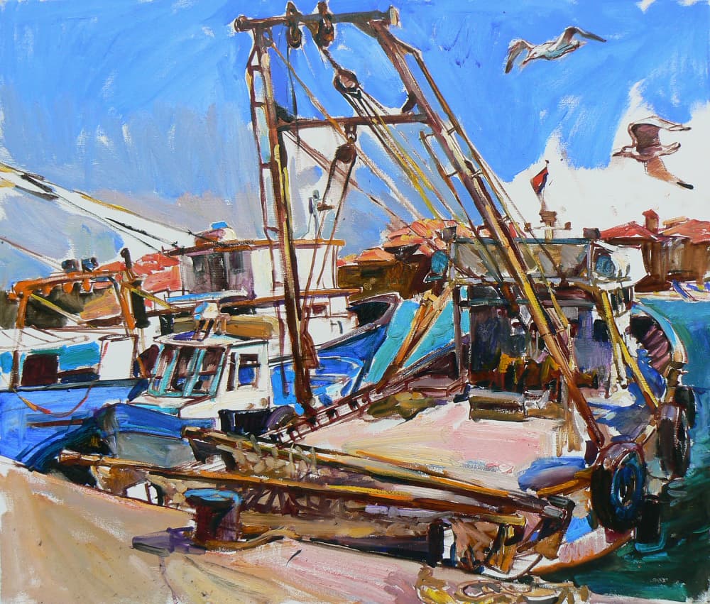 Vibrant Fishing Harbor by Andrii Kutsachenko — canvas wall art