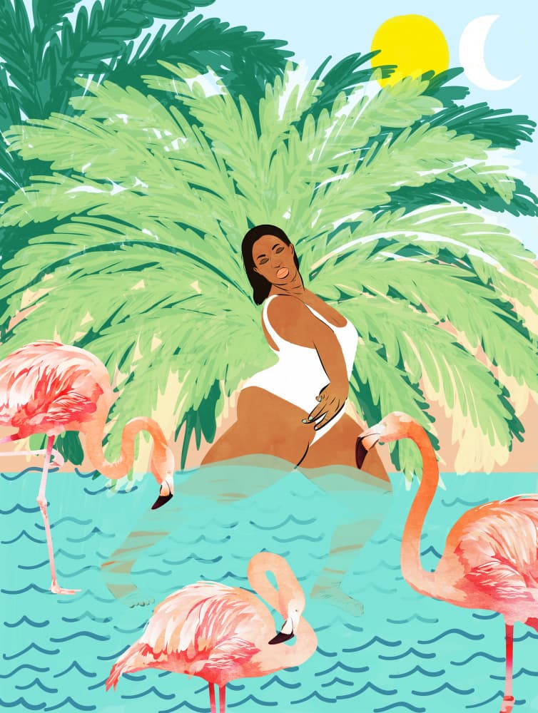 Tropical Woman Flamingos by Uma Gokhale — canvas wall art