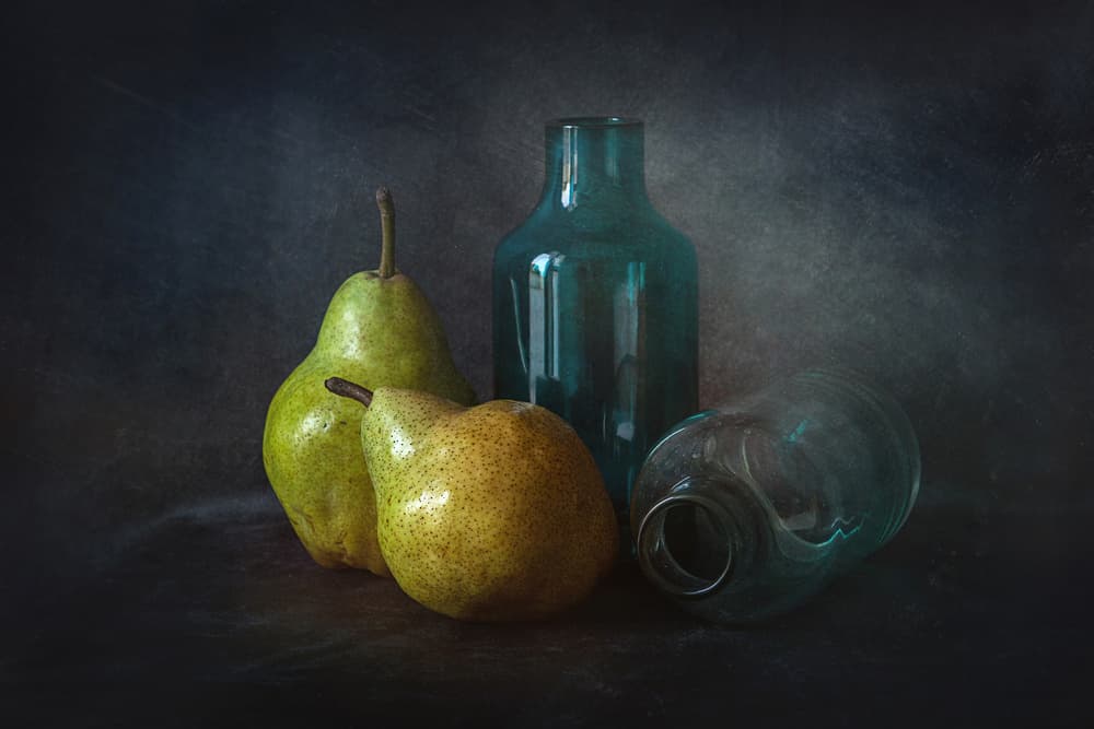 Moody Pears Glass Bottles by Lenka — canvas wall art