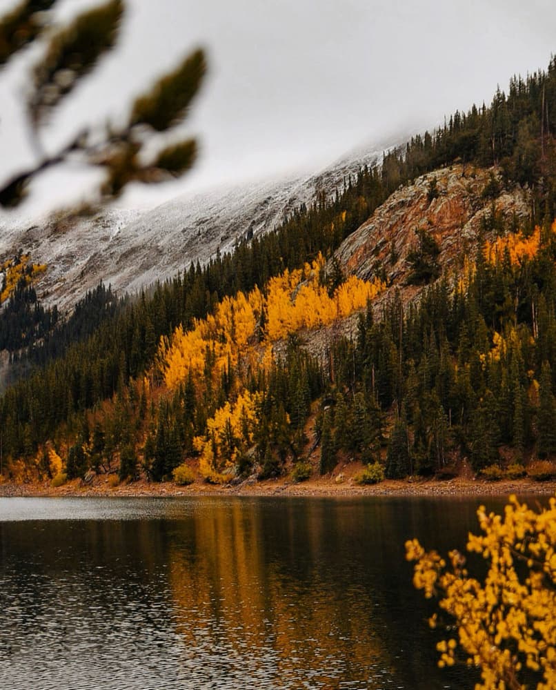 Snowy Peak Autumn Lake by Del Mundo Imagery — canvas wall art