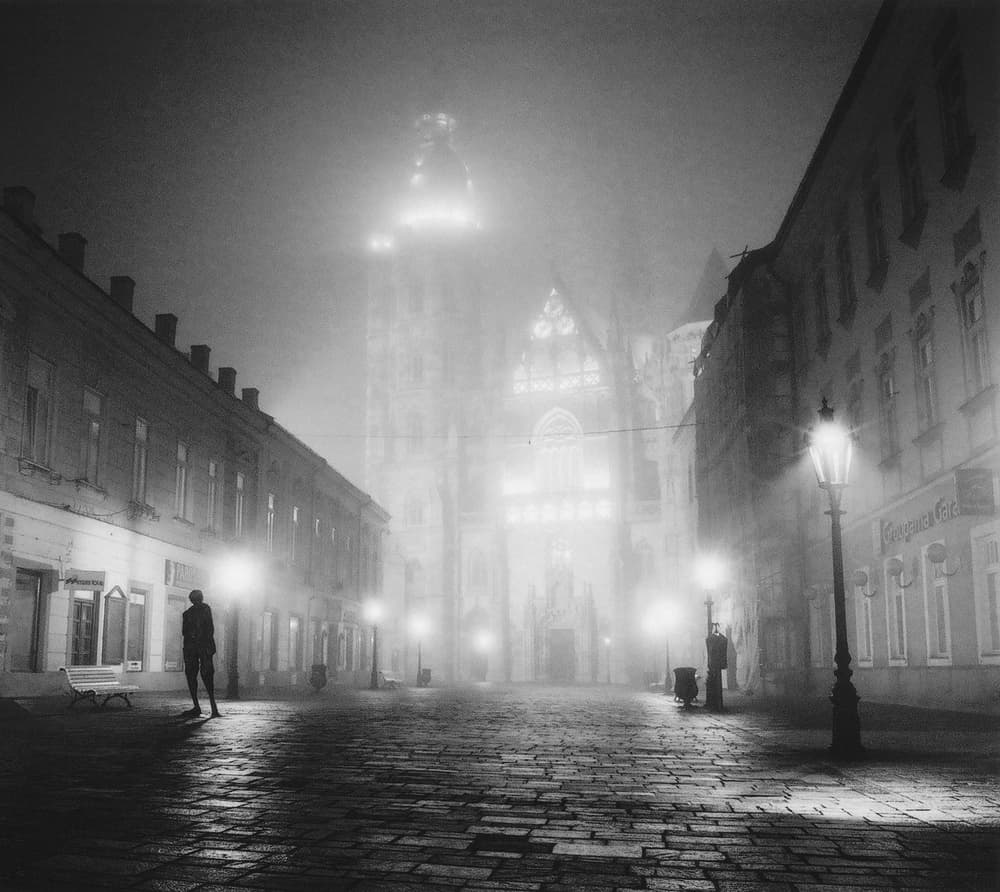 Foggy Cathedral Night by Peter Hrabinsky — canvas wall art