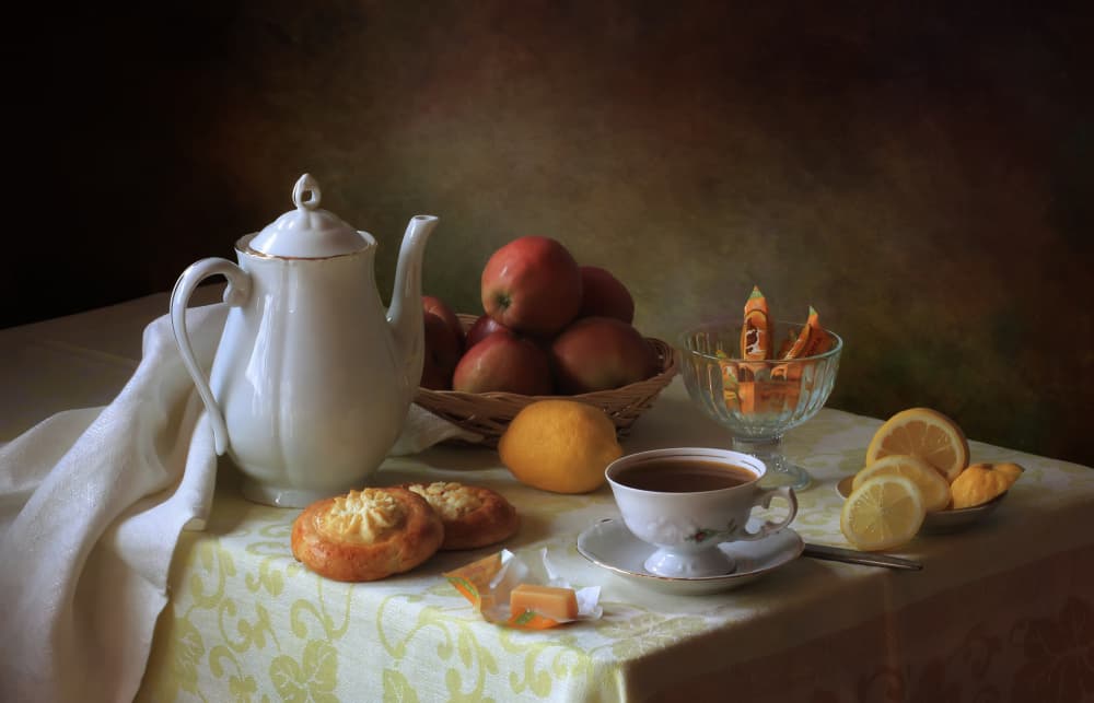 Cozy Tea Time Spread by Tatyana Skorokhod — canvas wall art