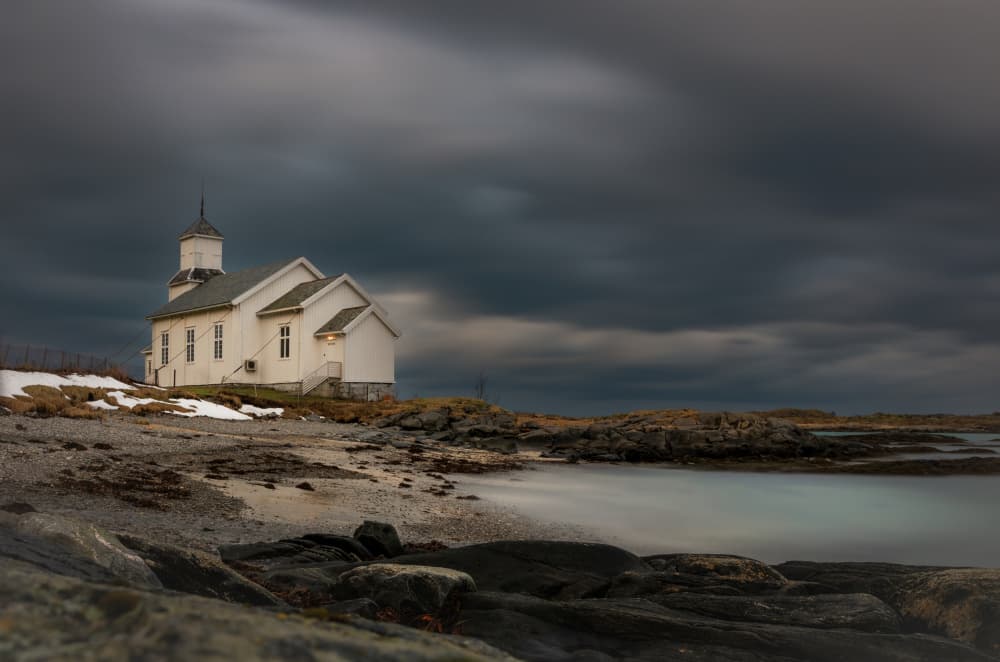 Moody Coastal Church by Stephanie Kleimann — canvas wall art