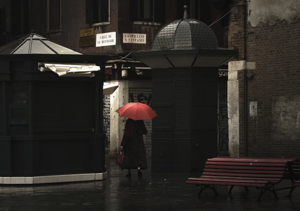 Red Umbrella Venice Rain by Lotte Grønkjær — canvas wall art