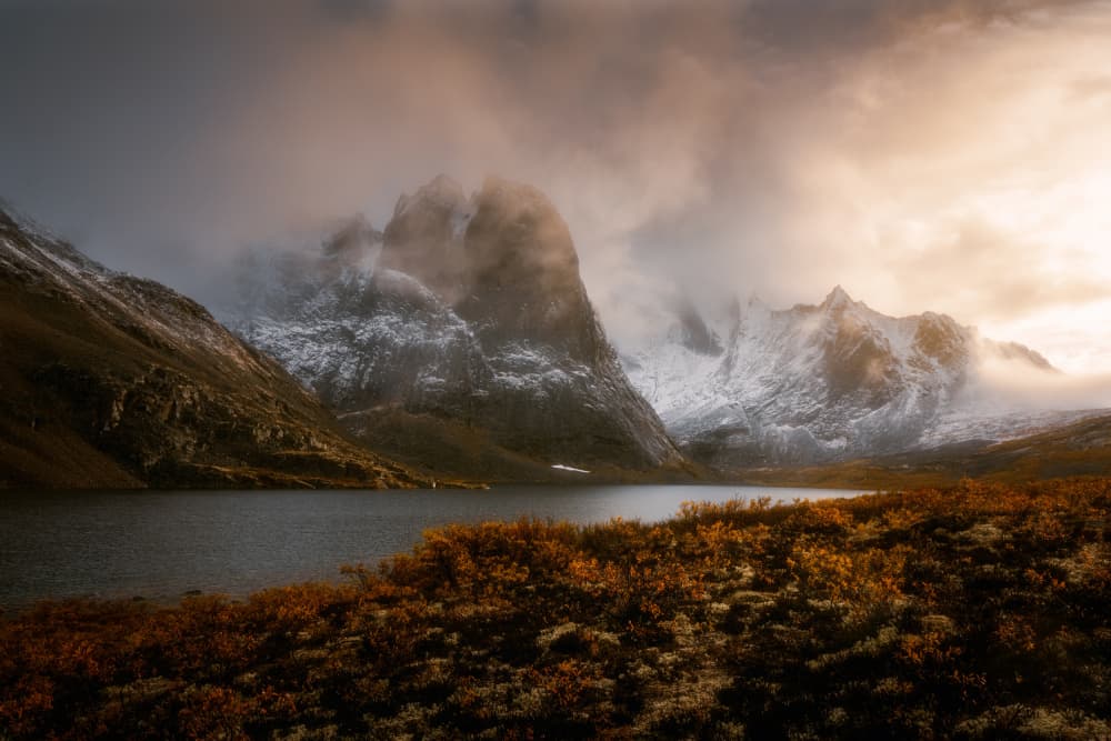 Misty Golden Mountain Lake by Willa Wei — canvas wall art