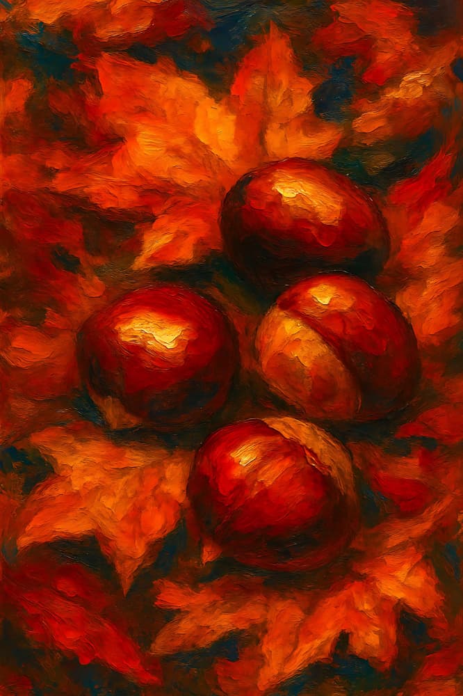 Chestnuts on Autumn Leaves by HUGO — canvas wall art