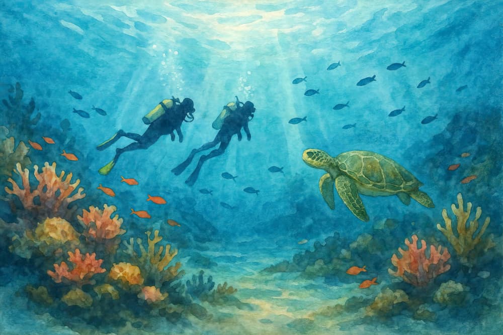 Scuba Divers And Turtle by Natalie Bruns — canvas wall art