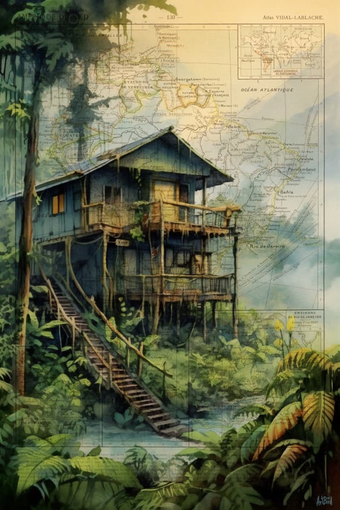 Vintage Map Jungle Cabin by thomas chedeville — canvas wall art