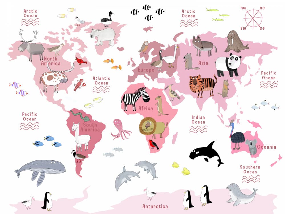 Cute Animal World Map by Carla Daly — canvas wall art