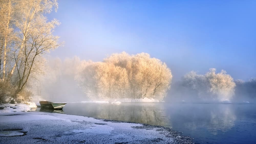 Misty Winter River Boat by Hua Zhu — canvas wall art