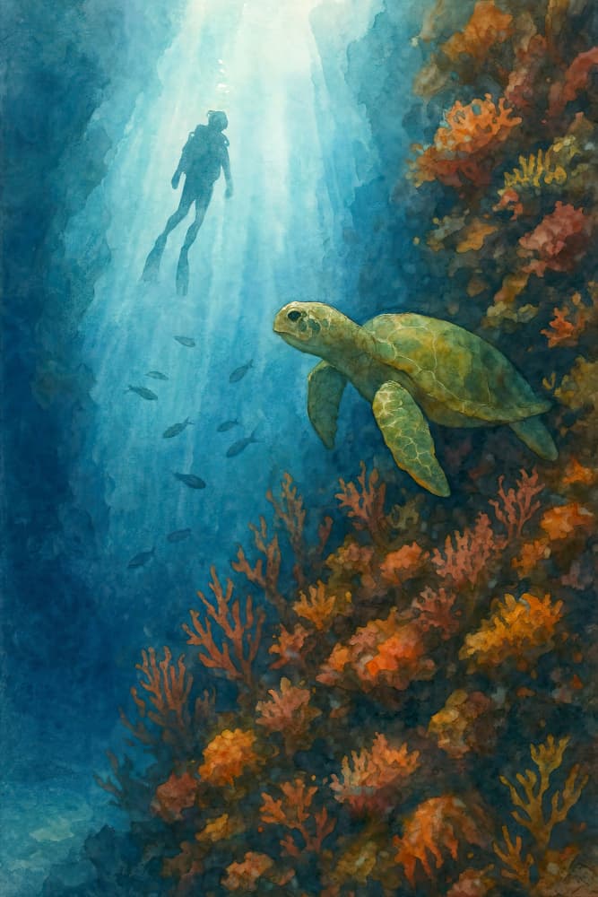 Diver and Sea Turtle by Natalie Bruns — canvas wall art