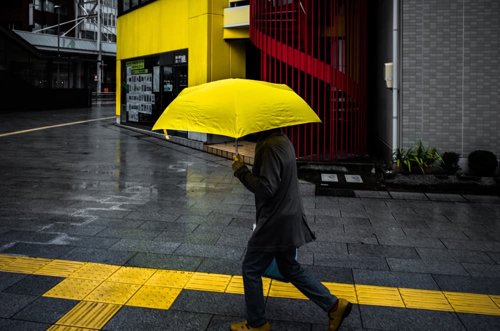 Yellow Umbrella Rainy City by Tetsuya Hashimoto — canvas wall art