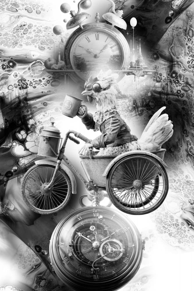 Whimsical Time Traveler Chicken by Rafal Kulik — canvas wall art