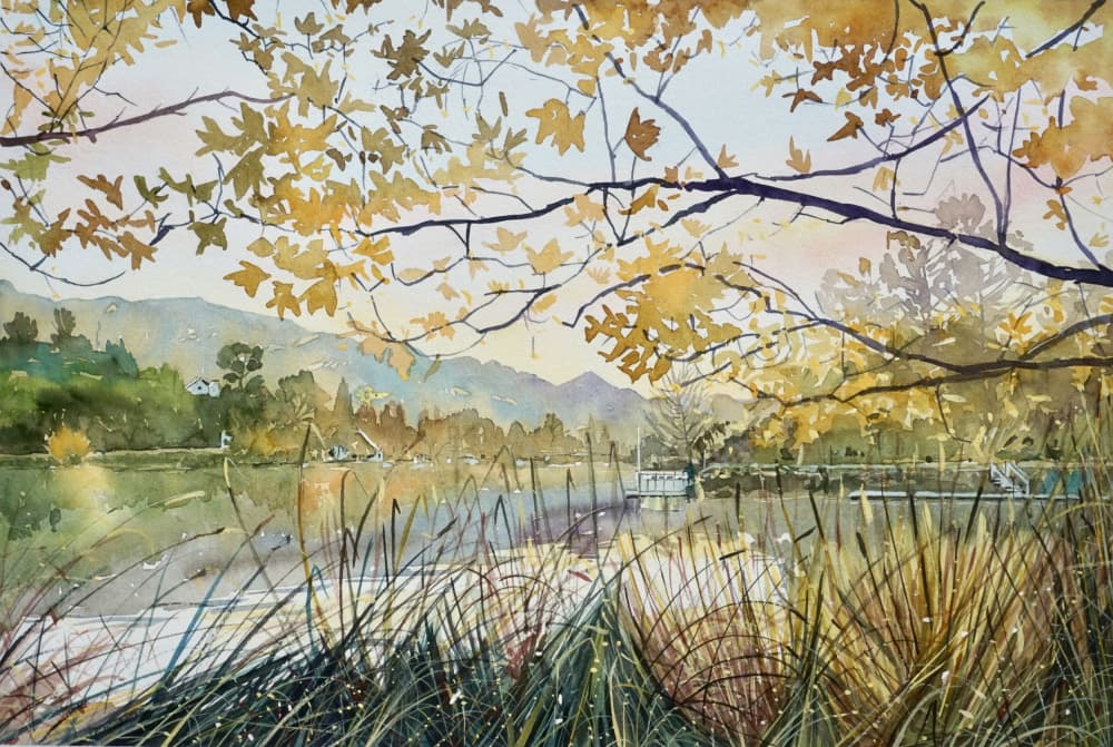 Golden Autumn Lake by Luisa Millicent — canvas wall art