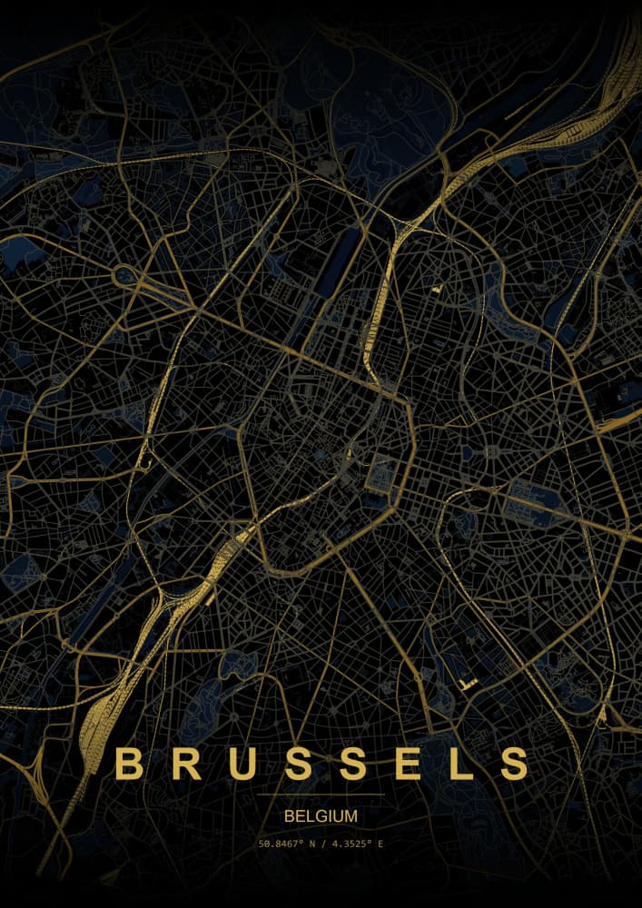 Golden Brussels Map by HUGO — canvas wall art
