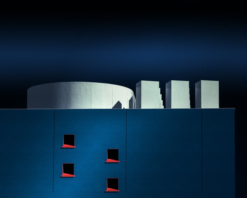 Geometric Blue Red Building by Marc Huybrighs — canvas wall art