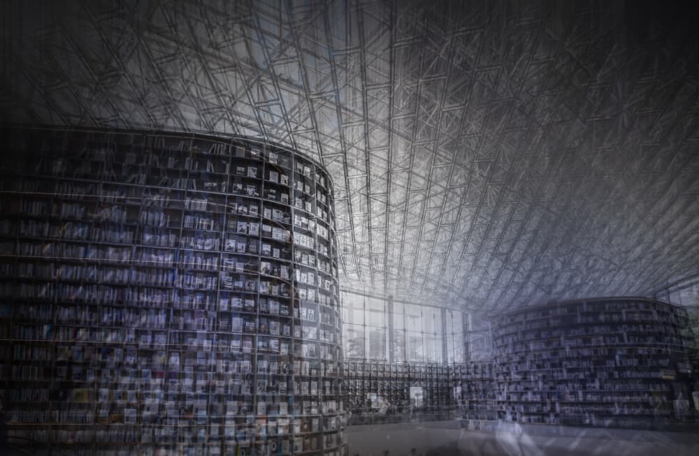 Curved Bookshelves Library by YoungIl Kim — canvas wall art