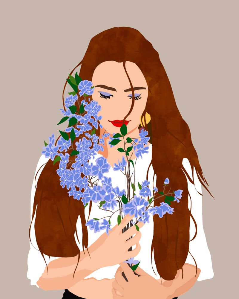 Serene Woman Blue Flowers by Uma Gokhale — canvas wall art