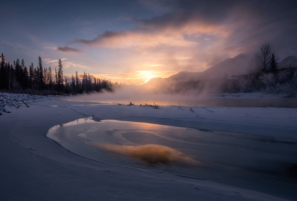 Misty Winter River Sunrise by Donald Luo — canvas wall art