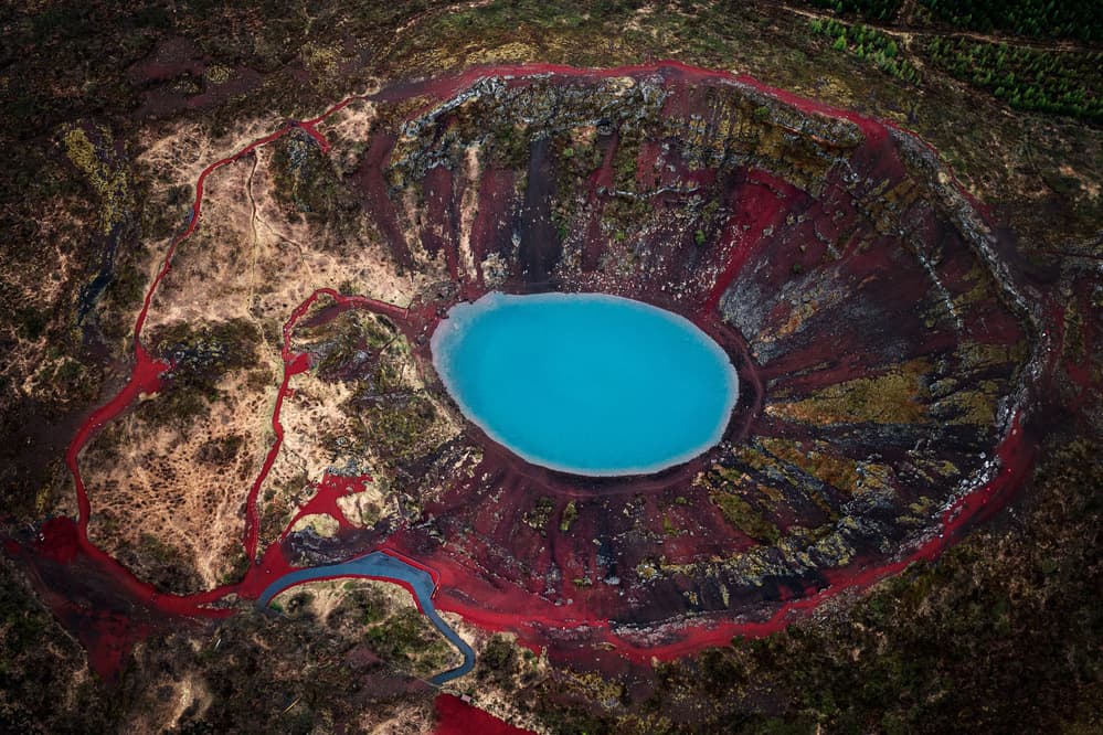 Red Volcano Blue Lake by Dennis Zhang — canvas wall art