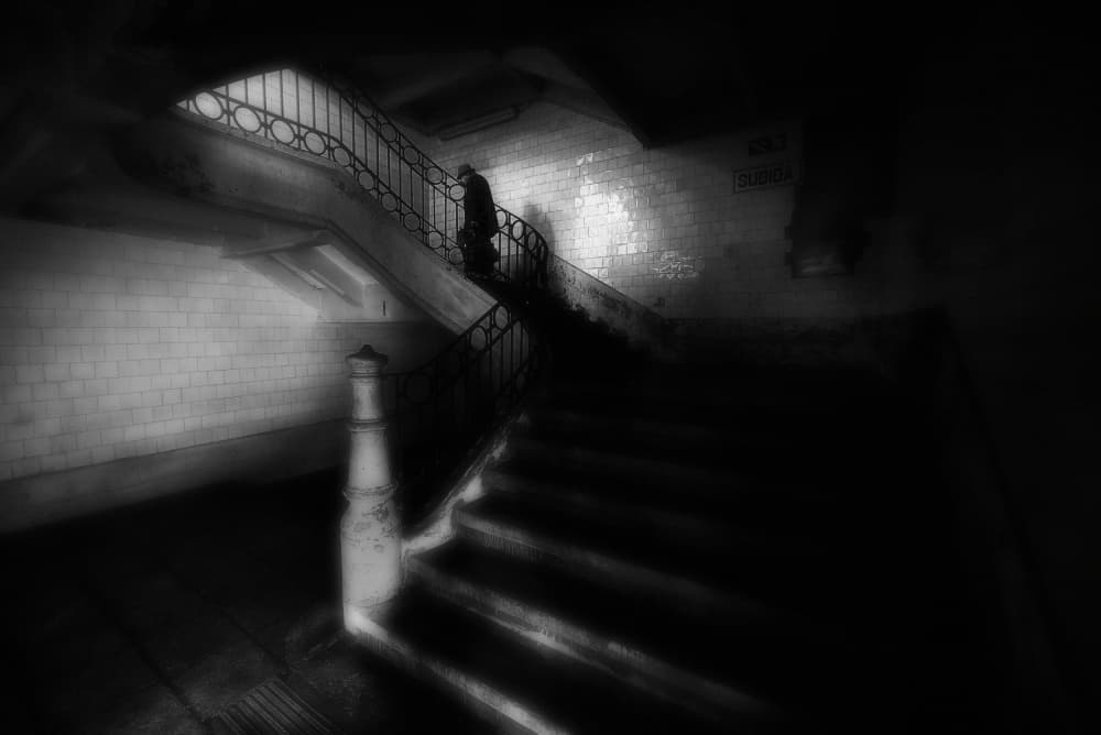 Solitary Man Dark Stairs by Jorge Pimenta — canvas wall art