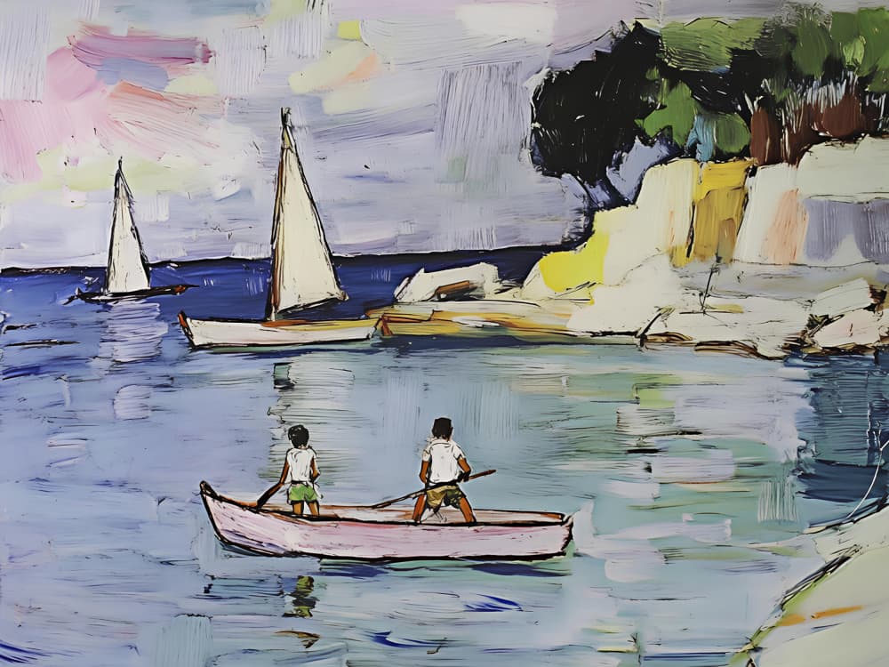 Boys Rowing Coastal Bay by Avanesova Elena — canvas wall art