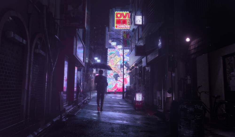 Neon Alley Night Walk by Javier de la Torre — canvas wall art