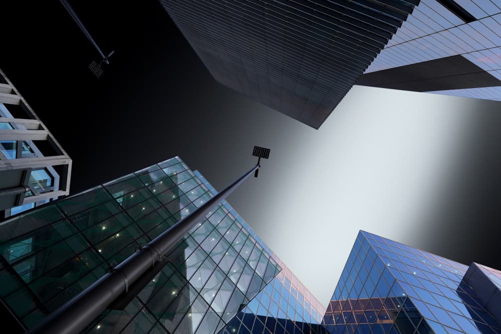Urban Towers Skyward by Jorge Pimenta — canvas wall art