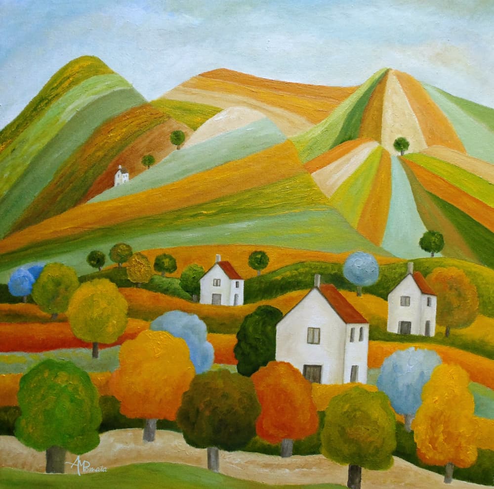 Colorful Hillside Village by Angeles M. Pomata — canvas wall art