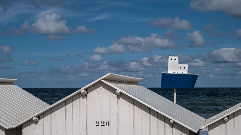 Coastal Huts Blue Boat by Lus Joosten — canvas wall art
