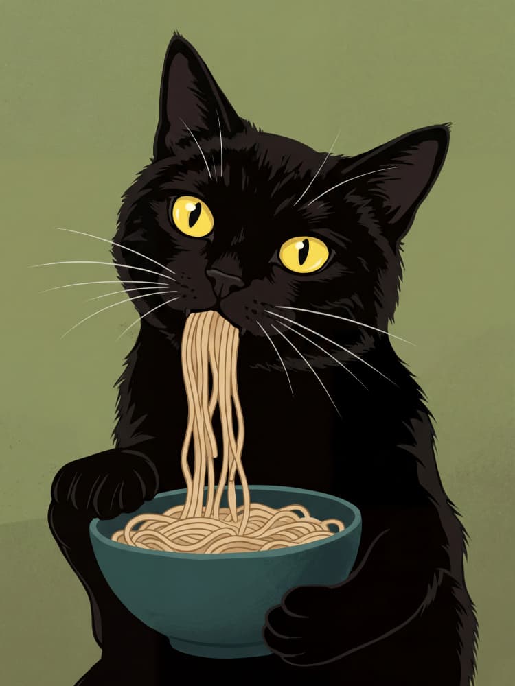 Black Cat Noodle Feast by Andreas Magnusson — canvas wall art