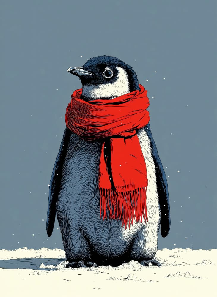 Cute Penguin Red Scarf by Justyna Jaszke — canvas wall art