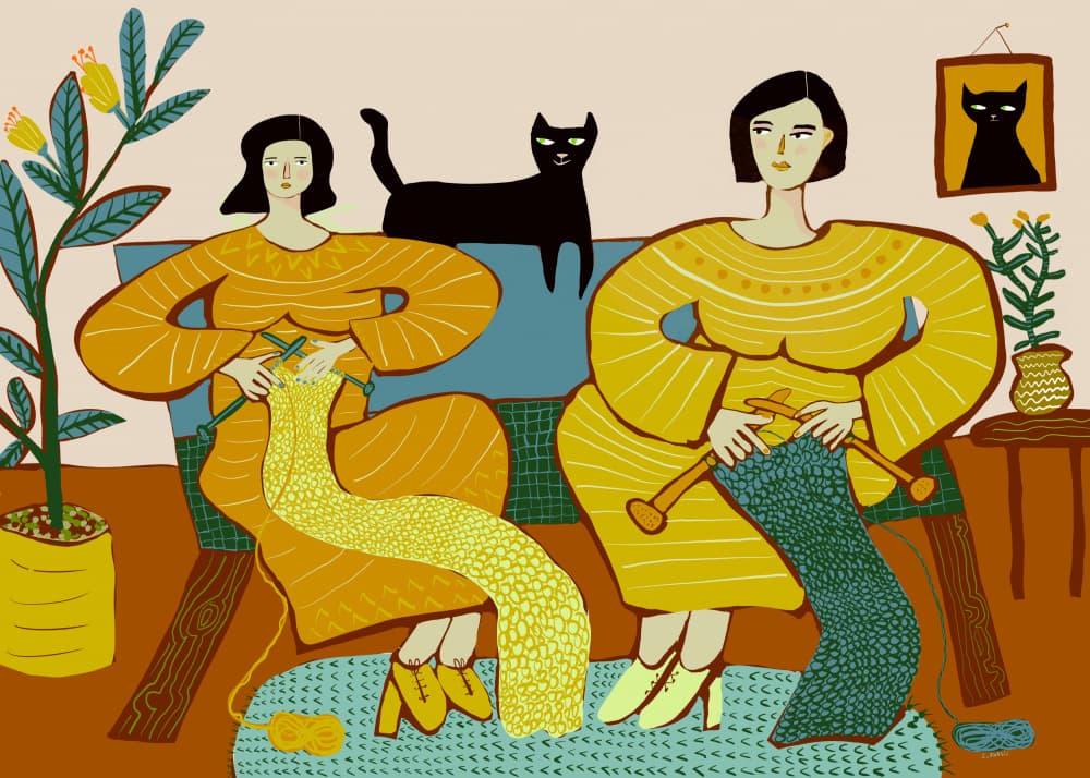 Cozy Knitting Companions by Sharyn Bursic — canvas wall art
